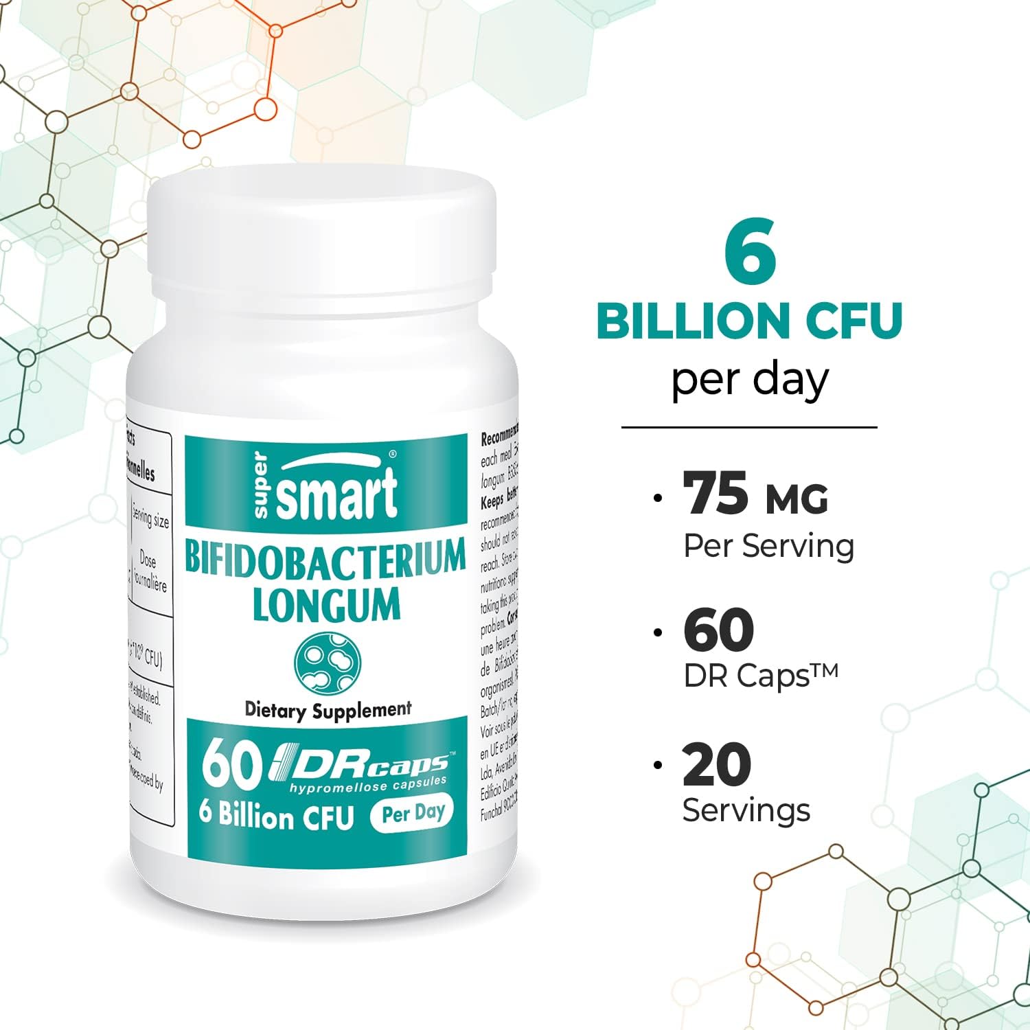 Supersmart - Bifidobacterium Longum (BB536) 6 Billion CFU per Day - Probiotics & Prebiotics Supplement | Non-GMO & Gluten Free - 60 DR Capsules