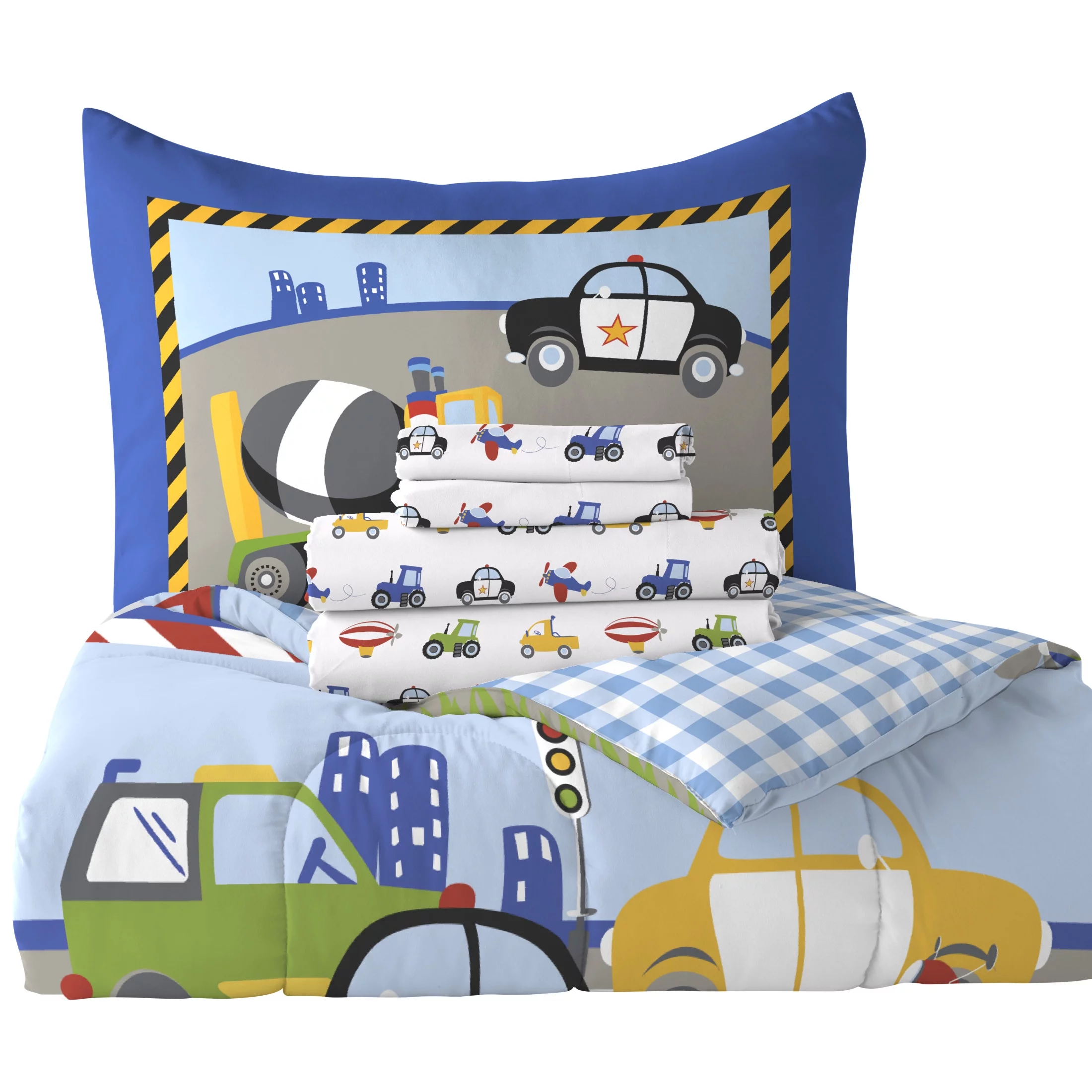 Dream Factory Trains and Truck Pattern Twin 5 Piece Bed-in-a-Bag, Bed-in-a-Bag, Cotton/Polyester, Blue, Multi, Male, Child