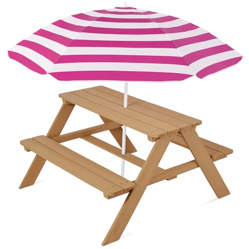 Best Choice Products Kids Wooden Picnic Table, Outdoor Activity & Dining Table w/Adjustable Collapsible Umbrella, Built-in Seats - Golden Brown/Navy