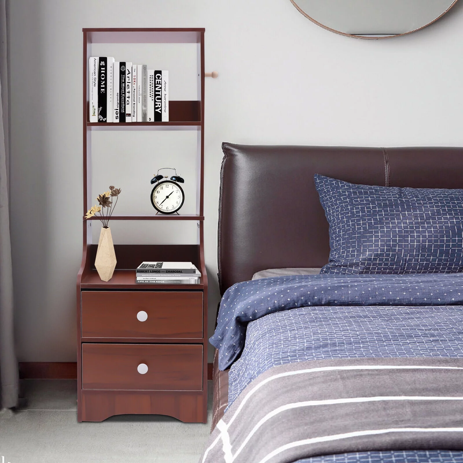 Fichiouy Nightstand Tall Bed End Table Bedside Table with 2 Drawers&3 Tier Storage Shelves Wood