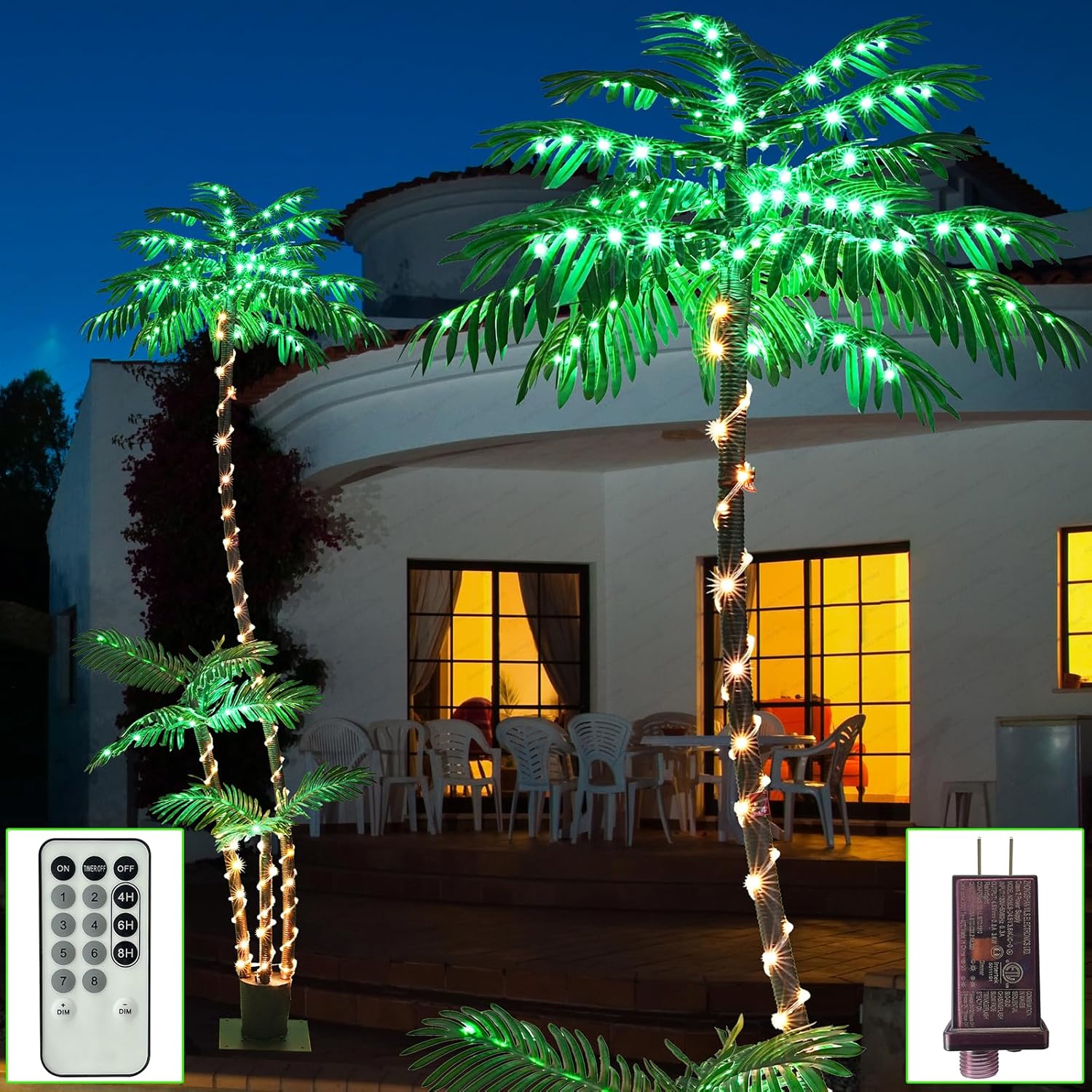 7FT Artificial Lighted Palm Trees for Outside Patio with 260 LED Lighted Three Trunks Christmas Trees for Homes Offices Outside Patio Poolside Party Bar Beaches Yards Pool Cruise Party