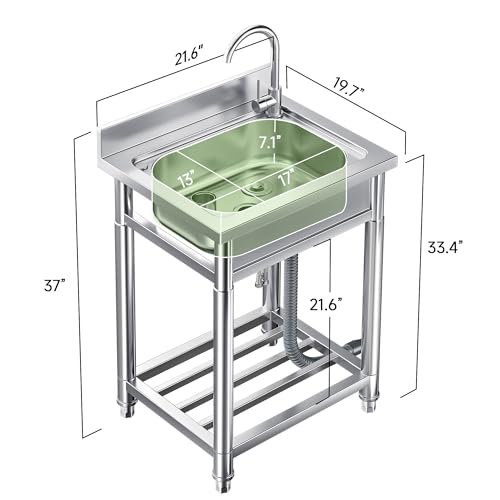 Stainless Steel Utility Sink, Free Standing Single Bowl Kitchen Sink with Cold and Hot Water Pipes, Portable Laundry Sink with Storage for Indoor & Outdoor (21.6in)