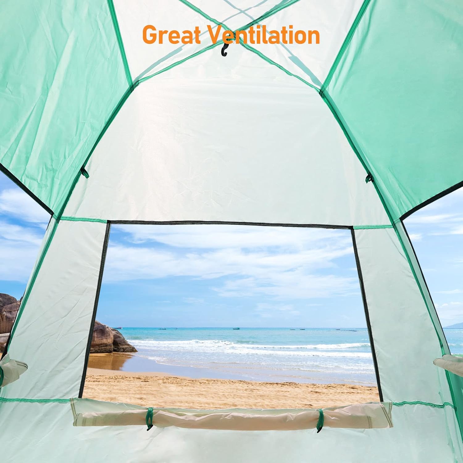 2 Person Pop Up Beach Tent, Anti-UV Beach Shelter, Easy Step Up, 3 Mesh Windows and 6 Sandy Bags, Keep Your Beach Trip Cool(Green)