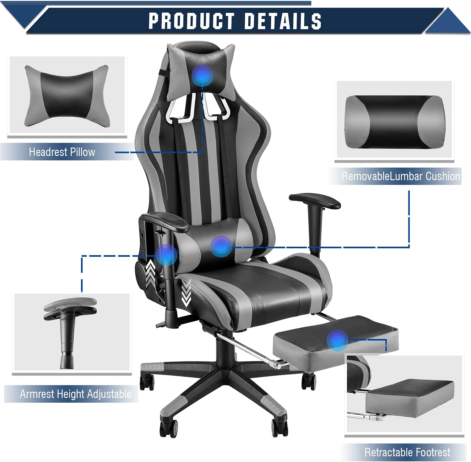 Soontrans Racer Style Gaming Chair with Footrest,Gamer Chair, Game Chair,Swivel Desk Chair with Backrest Seat Height Adjustable Headrest and Lumbar Pillow(Black/Gray)