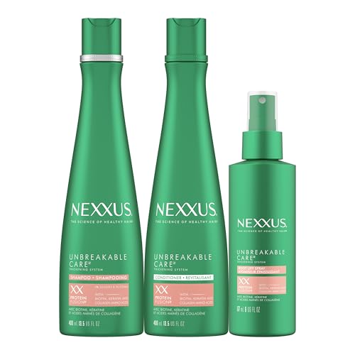 Nexxus Unbreakable Care Shampoo, Conditioner, and Leave-In Spray 3 Pack For Fine and Thin Hair with Keratin, Collagen, Biotin