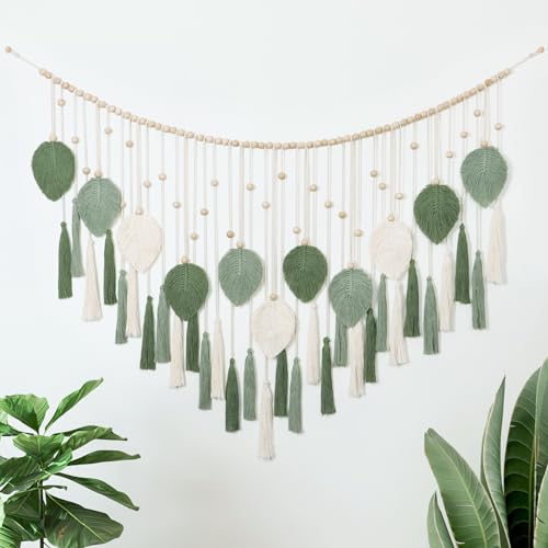 Betylifoy Large Macrame Wall Hanging Beige Green Feather Boho Macrame Tapestry Wall Art Wooden Beads Handmade Woven Leaf Tassels Wall Decor for Bedroom Living Room Apartment