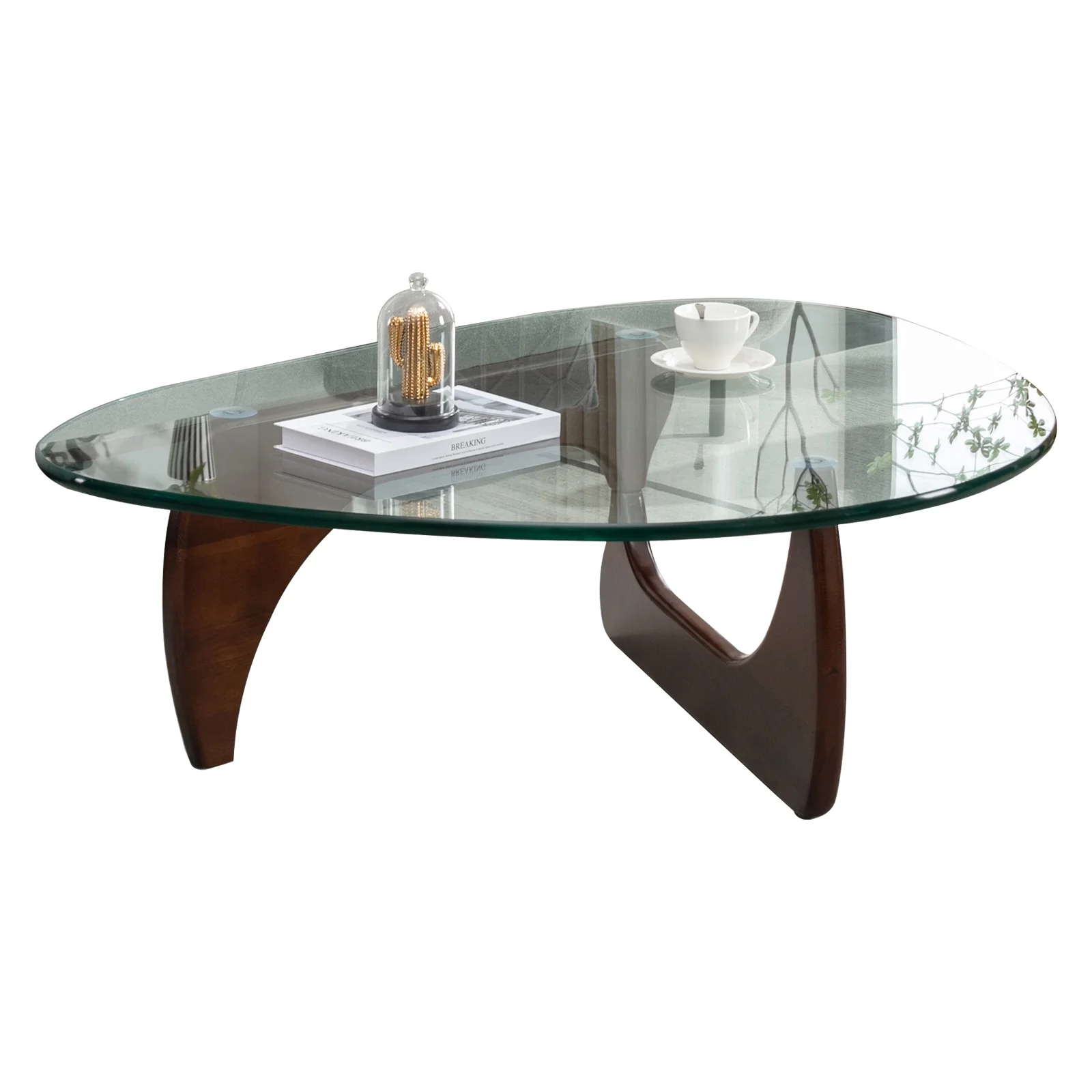 Mjkone Noguchi Triangle Glass Coffee Table ,Tempered Glass Coffee Table with Solid Dark Walnut Base，Coffee Table with Tempered Glass Top  for Living Room  (19mm Glass Top)
