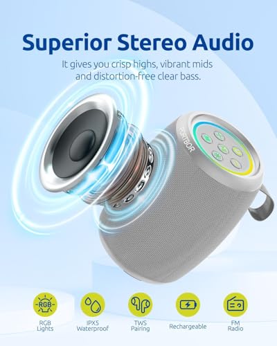 Bluetooth Speaker, Portable Wireless, Powerful Stereo Sound, IPX5 Waterproof, BT5.3, 15H Playtime, TWS Pairing, for Outdoor/Home/Travel/Beach/Shower, Electronics Gadgets, Birthday Gifts for Him Her