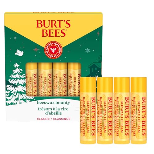 Burt's Bees Christmas Gifts, 4 Lip Balms Stocking Stuffers Products, Beeswax Bounty Fruit Mix - Watermelon, Pomegranate, Dragonfruit Lemon & Sweet Peach (4-Pack)