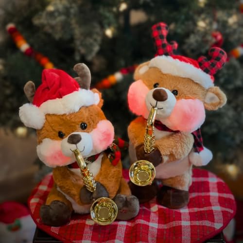 Cuddle Barn - Merry Saxmas Sterling | Animated Christmas Reindeer Stuffed Animal Plush Toy, Sways, Lights Up, and Plays Saxophone to Have Yourself a Merry Little Christmas, 12 inches