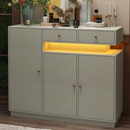 AIEGLE Shoe Cabinet with LED Light, Entryway Storage Cabinet with 3 Doors and 2 Drawers, Freestanding Space-saving Shoe Rack Organizer Cabinet for Hallway, Living Room, Light Grey