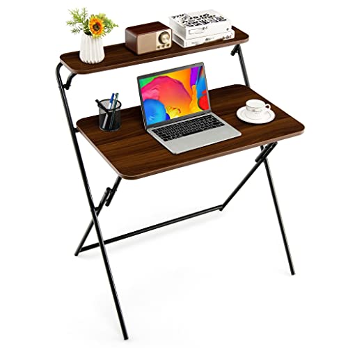 2 Tier Folding Computer Desk Laptop Desk Home Office No Assemble Brown Desk (D (33.5x24x38)) (D (33.5x24x38))