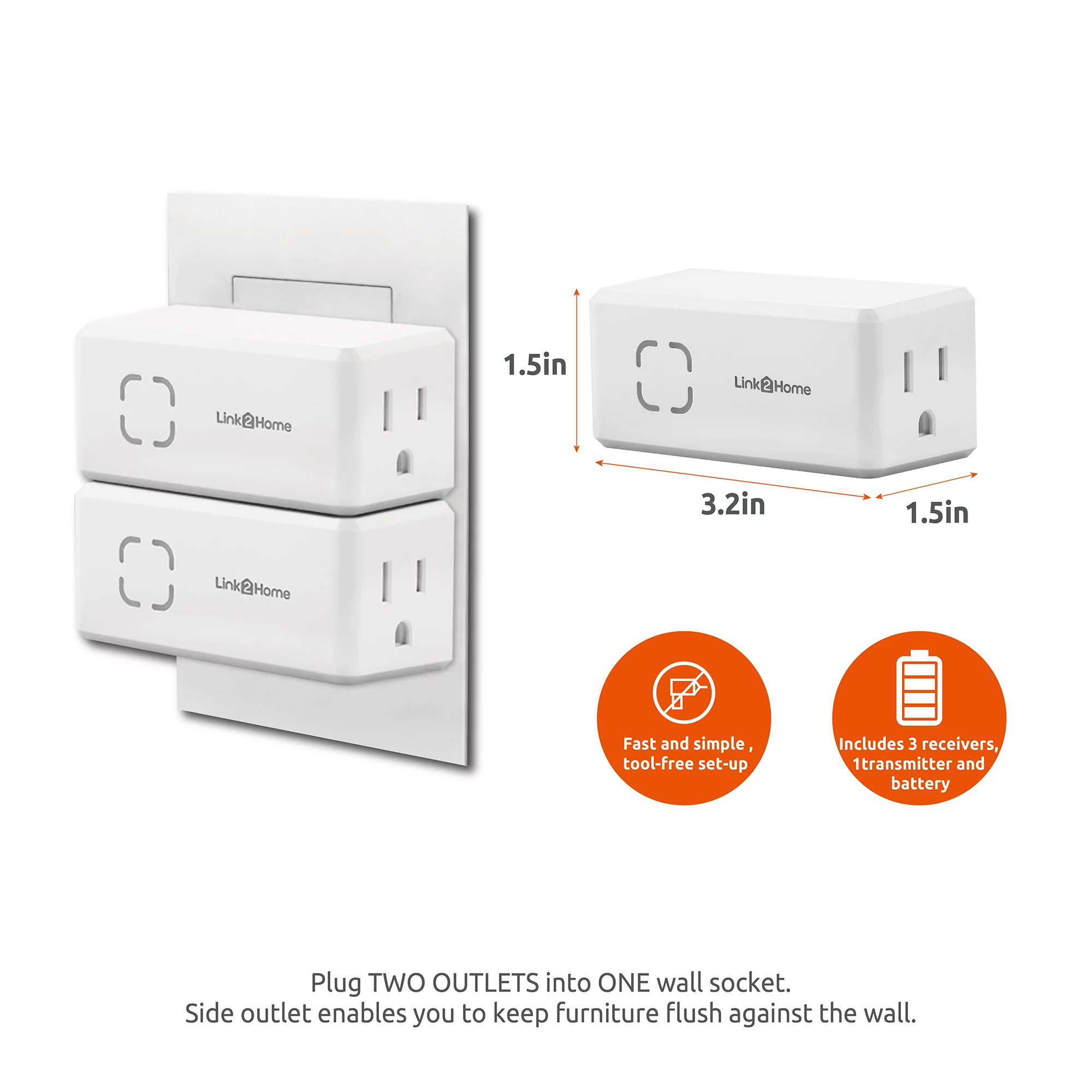 Link2Home Wireless Remote Control Outlet Light Switch, Countdown Timer and Random Function, 100 ft range, Compact Side Plug. Switch ON/OFF Household Appliances.