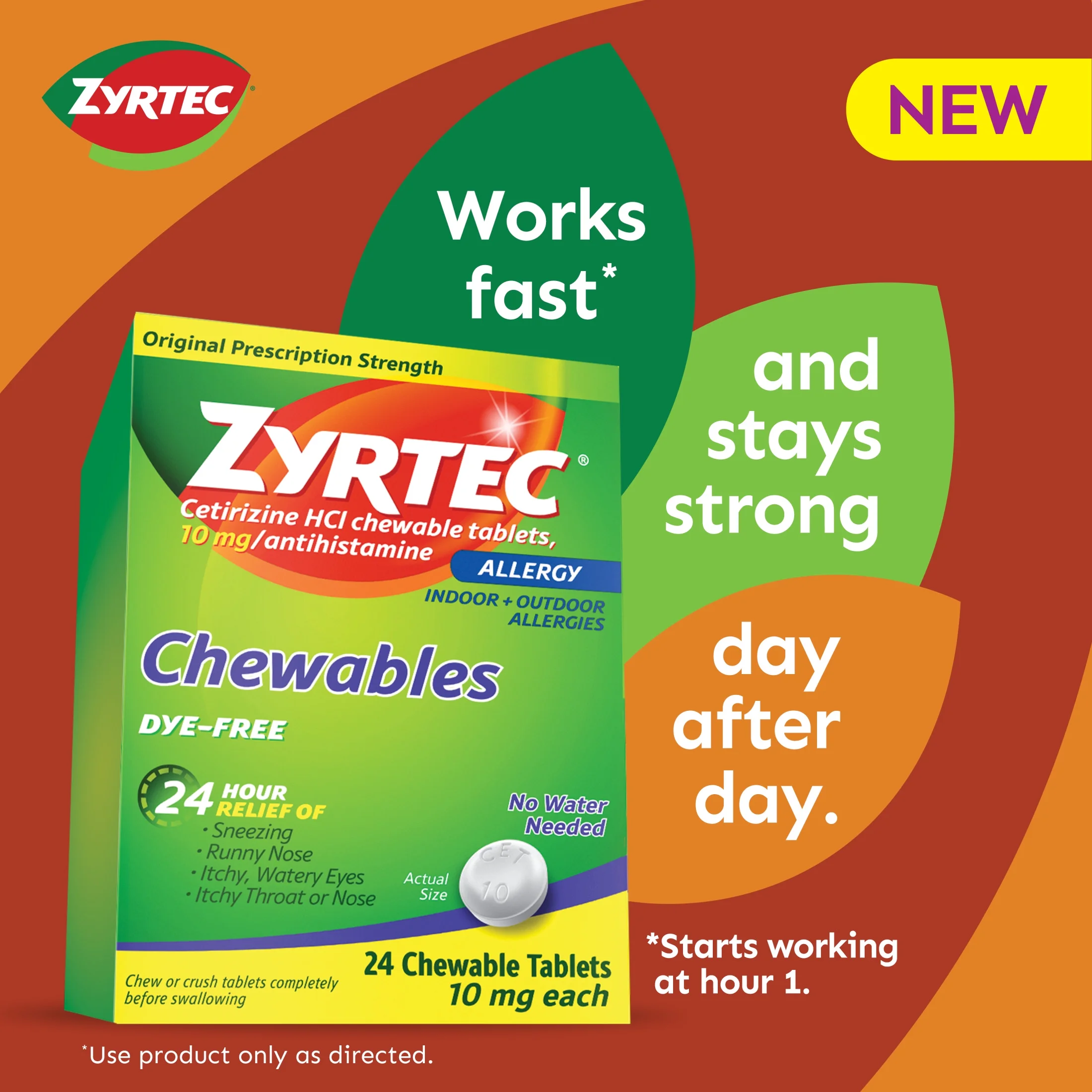 Zyrtec 24 Hour Allergy Relief Chewables, 10 mg Cetirizine HCl, 24 Ct