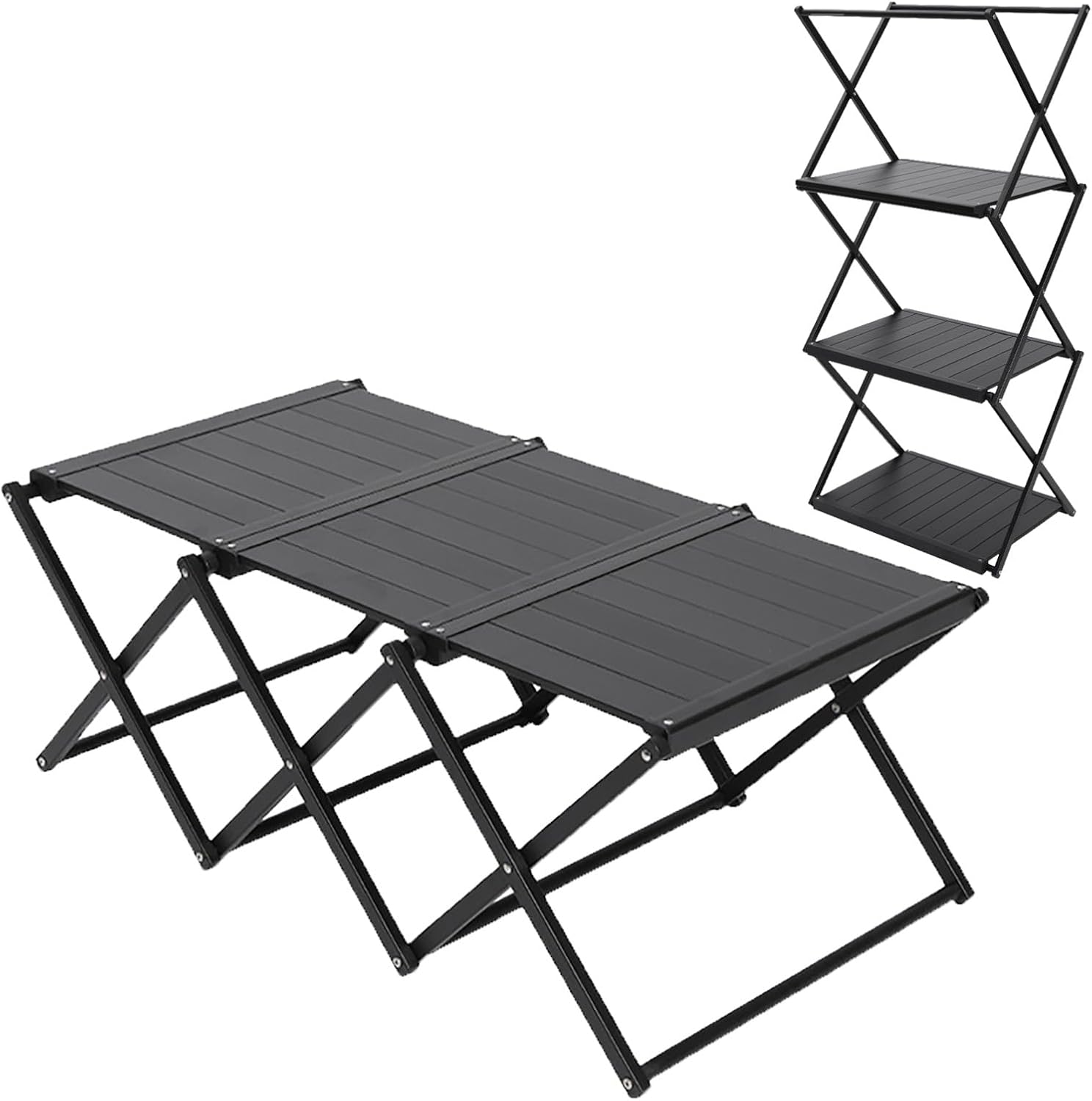 Portable Collapsible Table 3Tier Storage Racks Dual Purpose Folding Lightweight Aluminum Roll Up Large 3ft for Indoor Outdoor Picnic Backyard Camp Kitchen