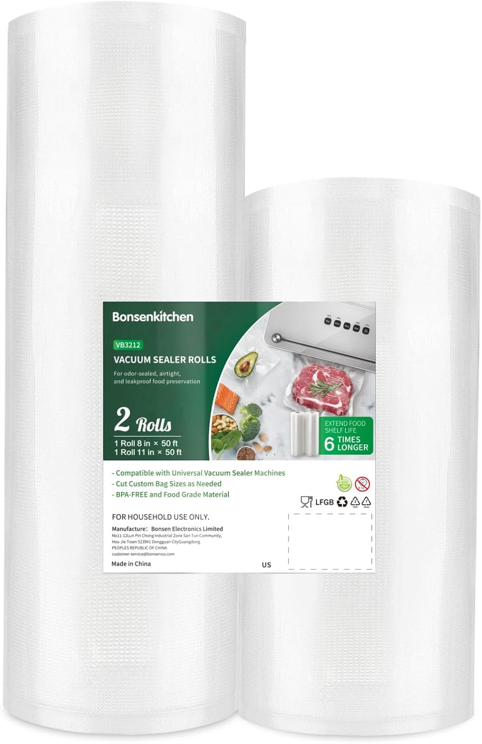 Bonsenkitchen Vacuum Food Sealer Rolls Bags, 8