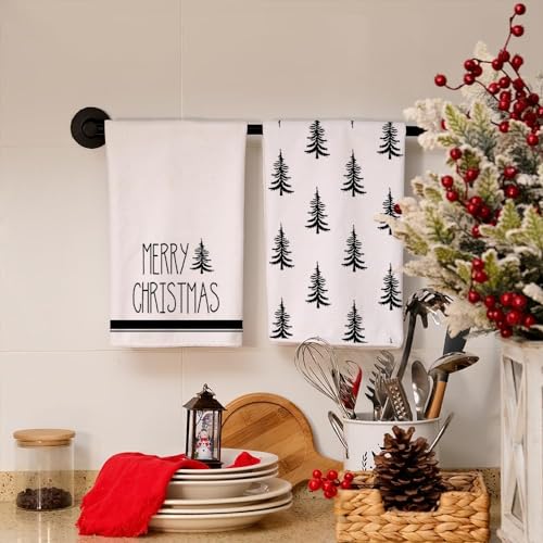 ARKENY Christmas Kitchen Towels Set of 2,Black Xmas Tree Dish Towels 18x26 Inch,Hoilday Farmhouse Home Decoration AD101