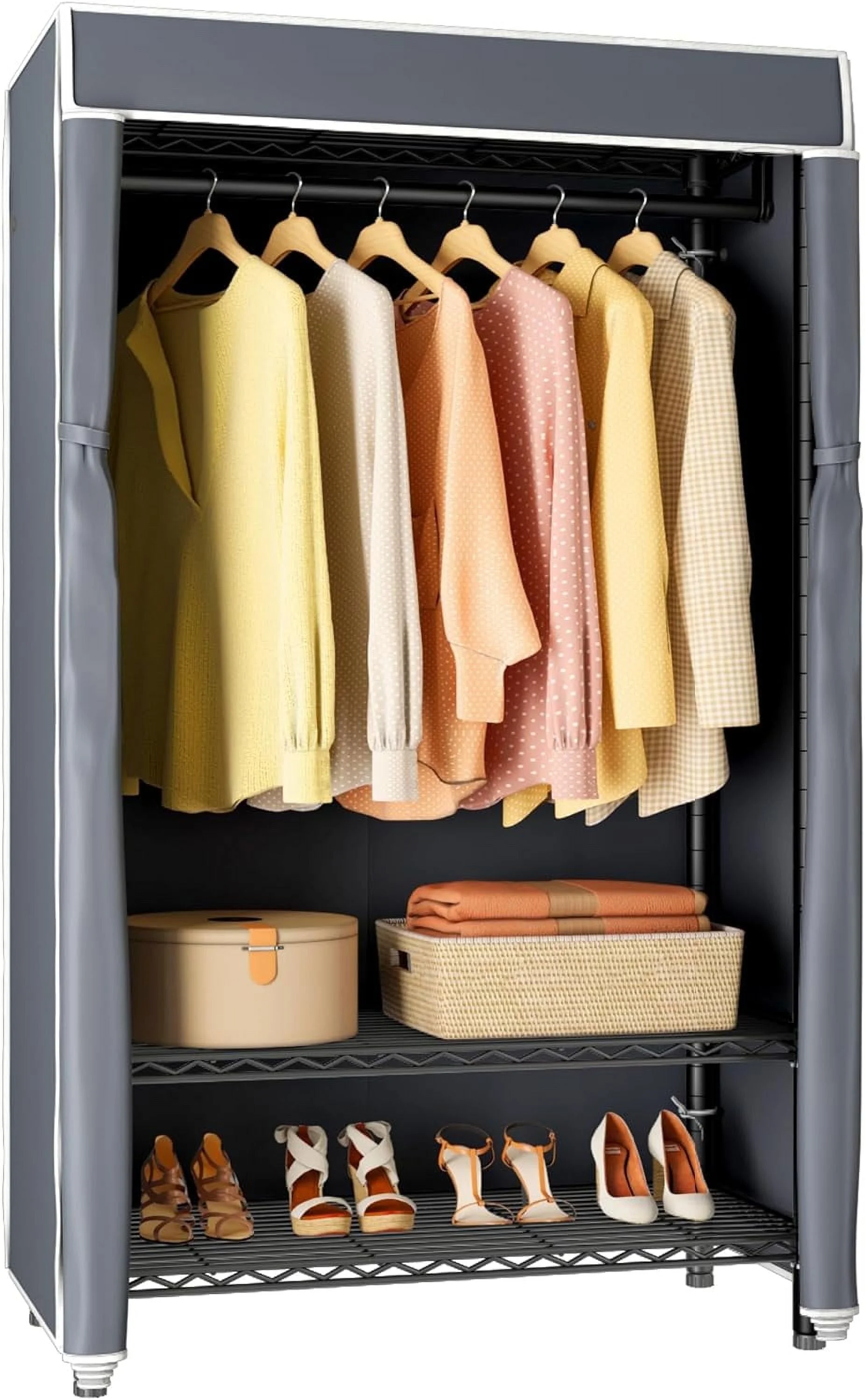 YOJFOTOOU. V1S 3 Tiers Heavy Duty Garment Racks for Hanging Clothes Portable Closet for Small Spaces Clothes Rack Free Standing Wardrobe, Black Clothing Rack with Grey Oxford Fabric Cover