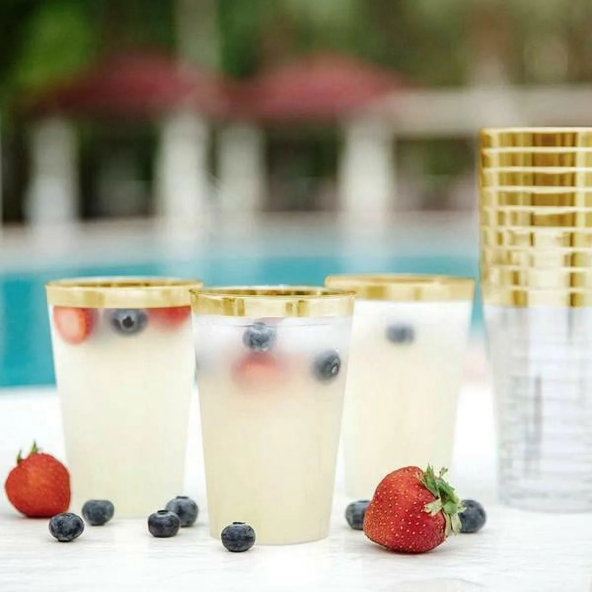 18 oz Clear with Gold Rim Plastic Cocktail Disposable Glasses TABLEWARE Party