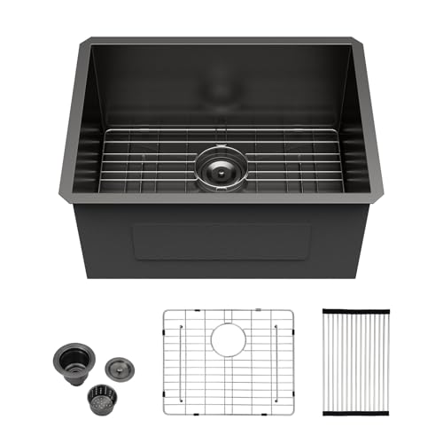 Kichae 12“ Deep Laundry Sink Undermount - 24 Inch Black Undermount Utility Sink Stainless Steel Single Bowl Under Counter Handmade Laundry Utility Room Basin