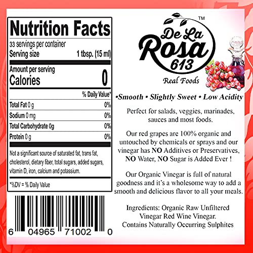 De La Rosa Organic Red Wine Vinegar, Raw & Unfiltered, Kosher for Passover, Vegan, Non-GMO & Gluten Free, Great for Salad Dressings, Marinades & More, Organic Red Wine Vinegar, 16.9 Oz (Pack of 1)