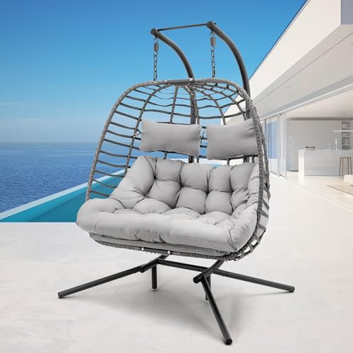 Double Egg Swing Chair with Stand for Outdoor, Patio Hand Made Rattan Wicker 2 Double Hanging Egg Chairs Hammock Chair with UV Resistant Cushion and Metal Frame, Porch Swing Loveseat for Backyard