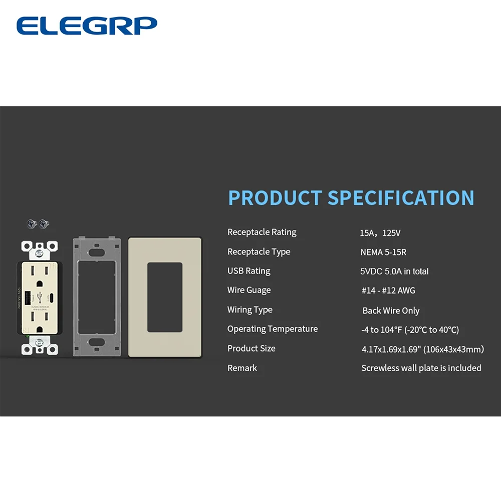 ELEGRP 25-Watt 15 Amp Type A and Type C Dual USB Wall Charger with Duplex Tamper Resistant Outlet,W/ Wall Plate, R1815D50AC-LA2,Light Almond (2-Pack)