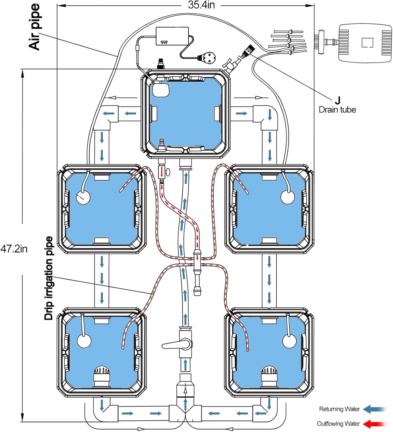 RDWC Hydroponics Grow System 4 Site + Reservoir, 7-Gallon Top Drip Recirculating Deep Water Culture Hydroponic Bucket System, Hydroponics Growing System Kit with Water Pump, Air Pump