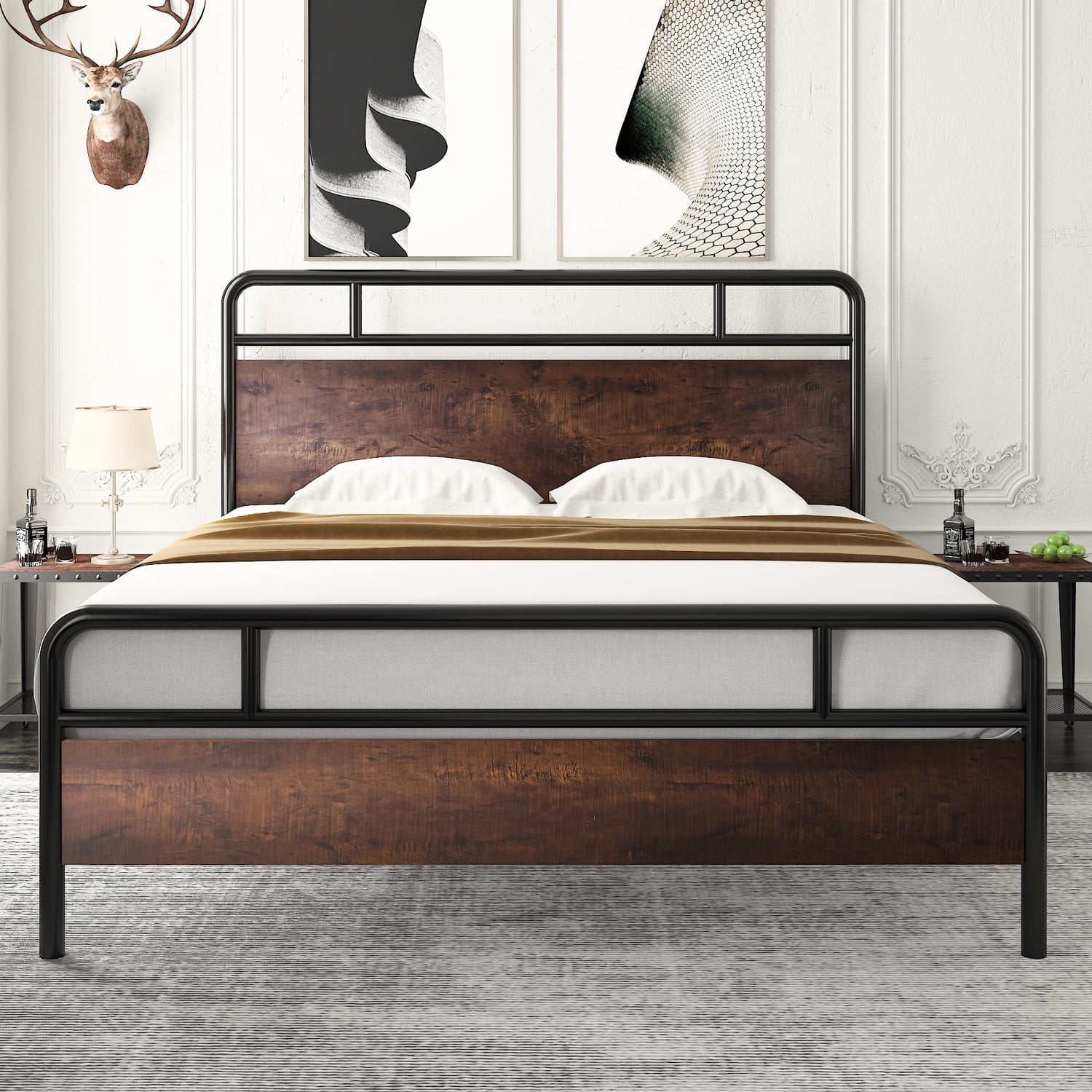Amolife Full Size Modern Heavy Duty Metal Platform Bed Frame with Modern Wood Headboard, Sanders, Dark Brown
