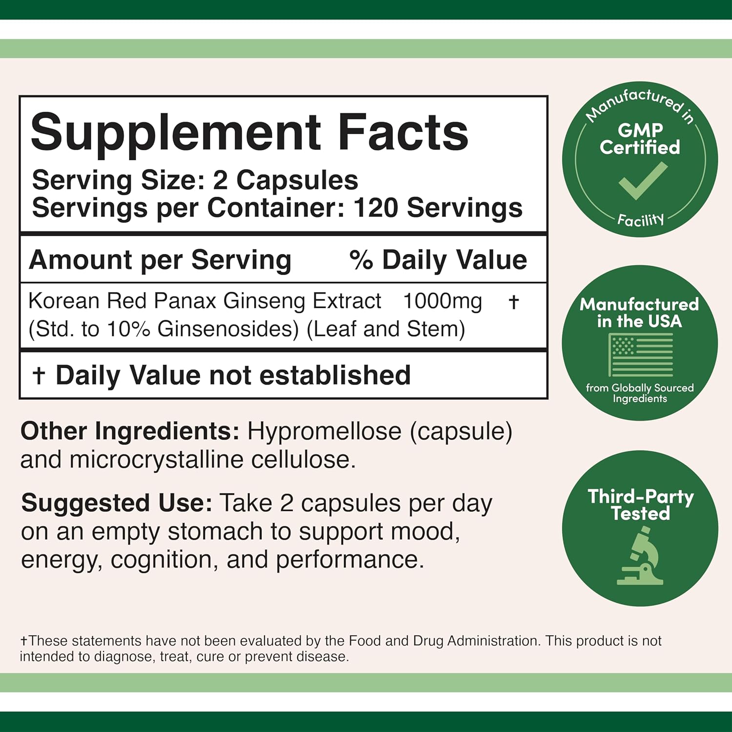 Ginseng Capsules (Korean Red Ginseng Extract, Panax Ginseng 10% Ginsenosides) (4 Month Supply) 240 Vegan Capsules - 1,000mg per Serving for Mood, Cognitive Function and Energy Support by Double Wood