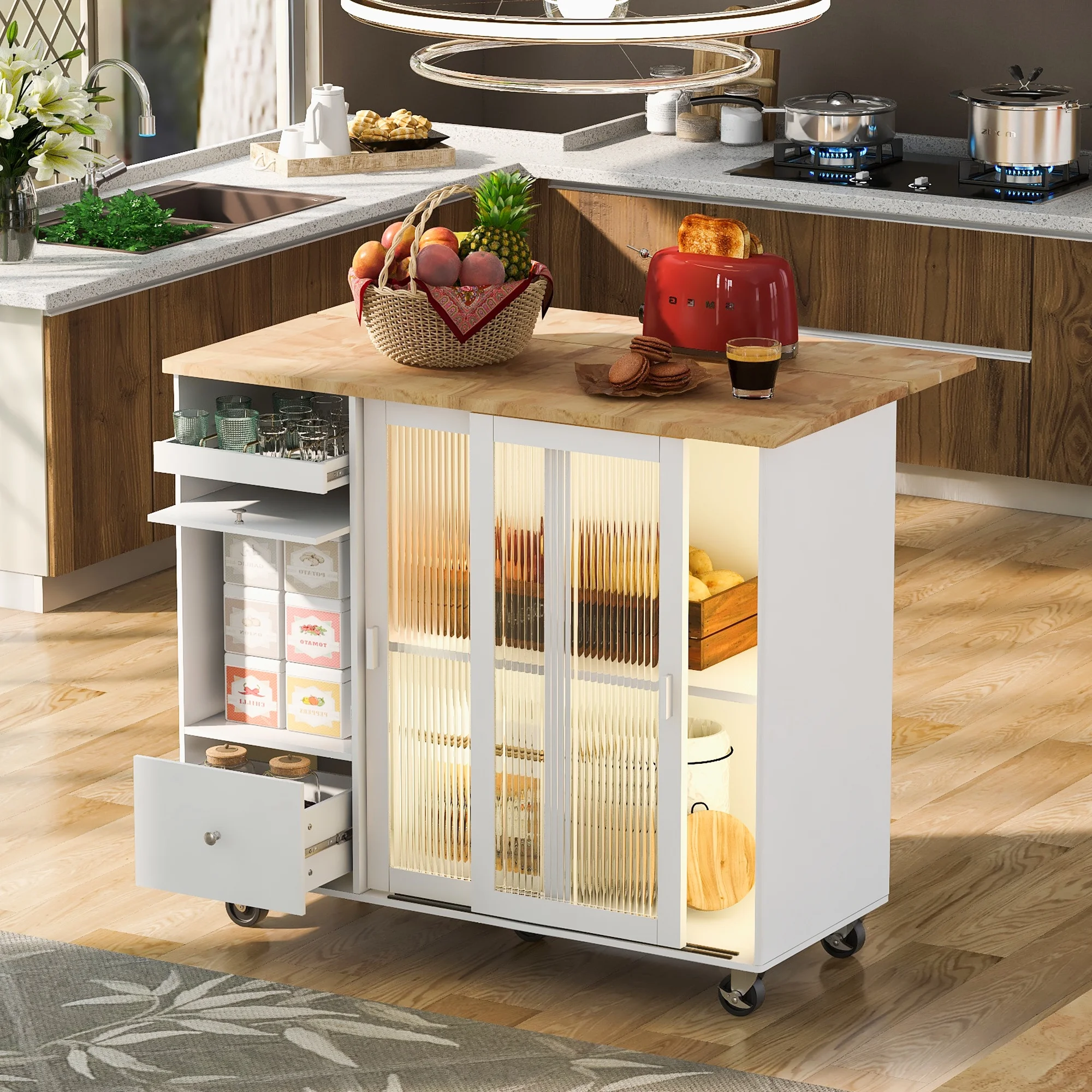 COOKCOK Kitchen Island with Drop Leaf, Kitchen Island Cart on Wheels with LED Light, 2 Fluted Glass Doors, 1 Flip Cabinet Door, Adjustable Shelf and 2 Drawers (White)
