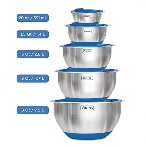 VIKING Culinary Stainless Steel Mixing Bowl Set, 10 piece, Non-slip Silicone Base, Includes Airtight Lids, Dishwasher Safe, Grey
