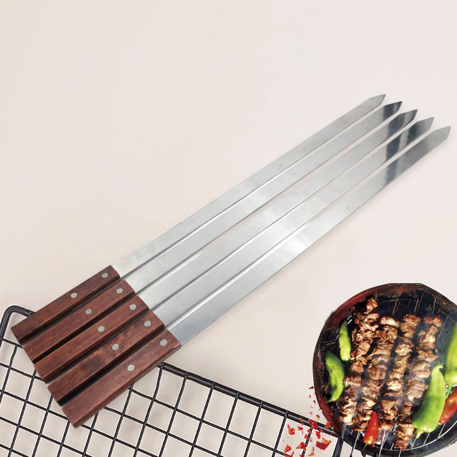 15MM Wide Kebab Shish Strong grill Dkewers Wood Handle 4PCS 60cm Long