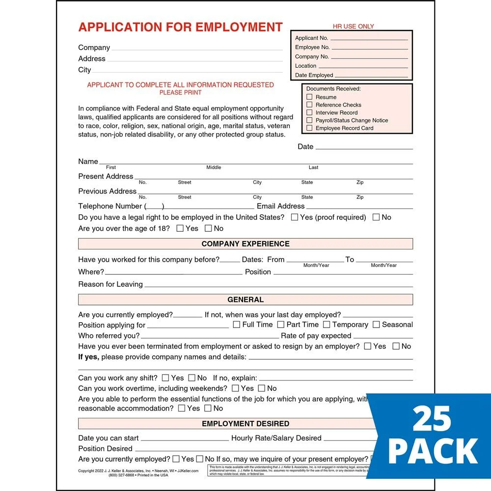 Application for Employment Form, 8.5 x 11 , 25 Pack