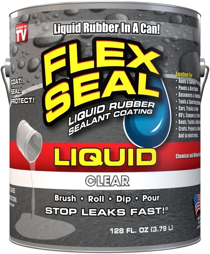 Flex Seal Liquid, Liquid Rubber Coating Sealant, Waterproof, Flexible, Breathable, and UV Resistant, Roof Repair, Basements, RV, Campers, Trailers, Marine, EPDM, Masonry, 1 Gallon, Clear