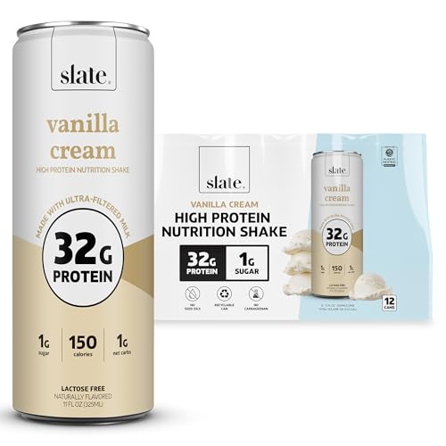 Slate Milk - High Protein Nutrition Shake - Vanilla Cream - 32g Protein, 1g Sugar, 150 Calories, 1g Net Carbs - Lactose Free - No Added Sugar - Breakfast Boost, Post Workout - 11 fl oz, 12 Cans