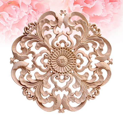 Veemoon Wood Carved Onlay Wooden Onlay Applique Round Flower Unpainted Corner Decal Rustic Wood Wall Art for Furniture Refurbish Door Center Decoration 15x15cm