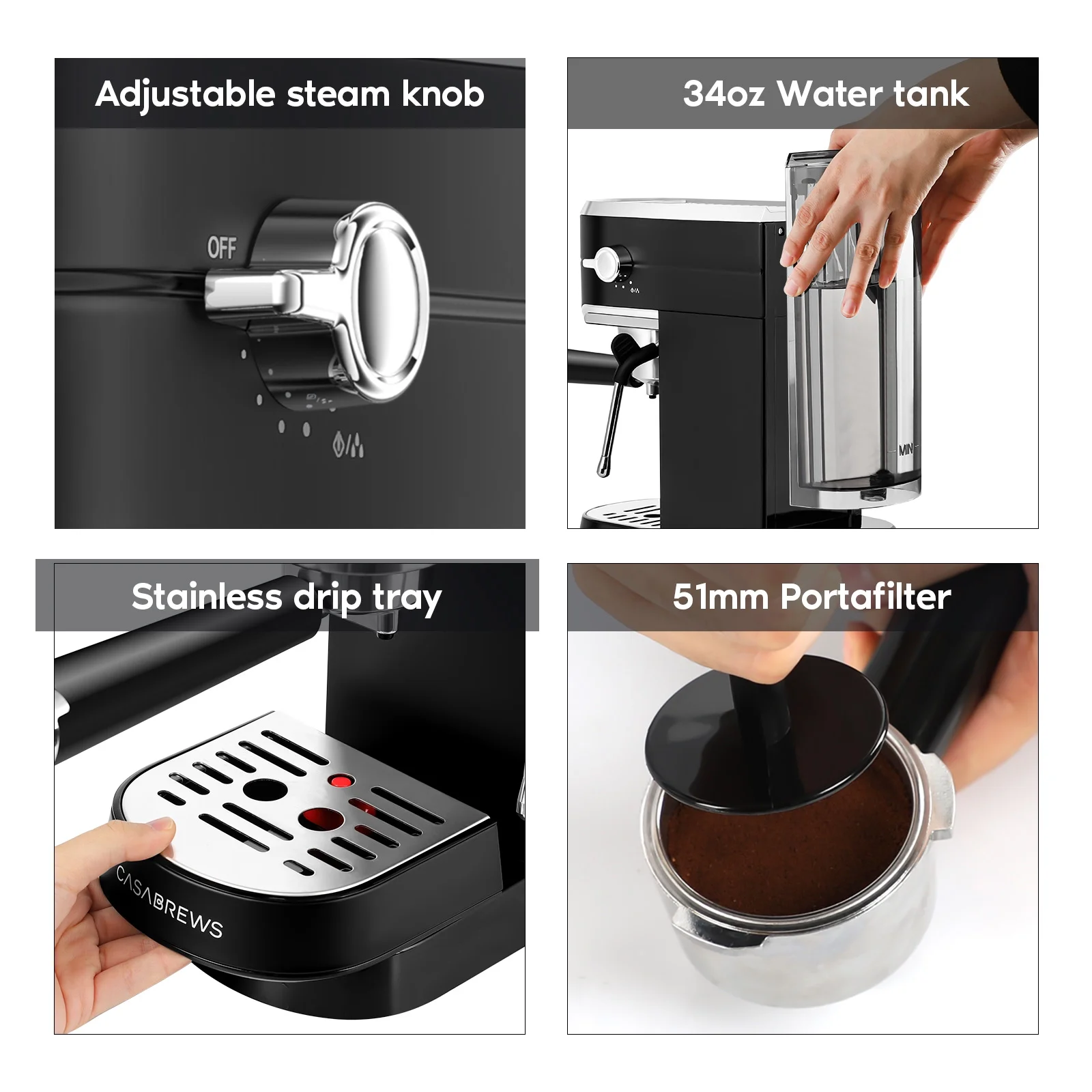 Casabrews 20 Bar Espresso Machine with Milk Frother Steam Wand, Professional Cappuccino Machine,  Stainless Steel, Black