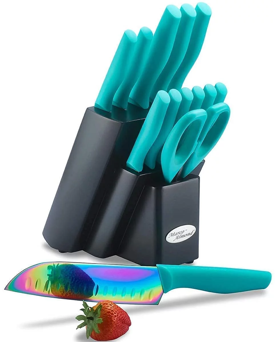 Marco Almond KYA27 14-Piece Kitchen Knife Block Set Rainbow Cutlery Knife Set Dishwasher Safe