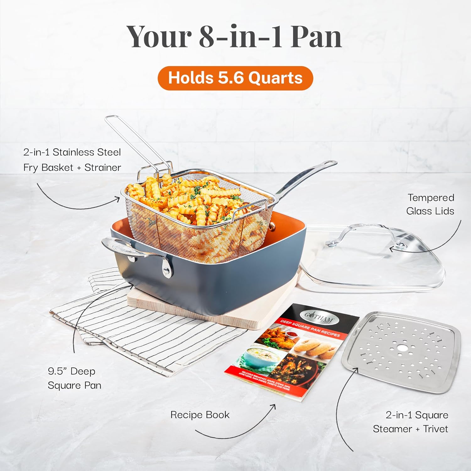 Gotham Steel Nonstick Square Deep Frying Pan, 9.5” Large Cooking Pan with Ceramic Nonstick Coating, 4 Pc Titanium Ceramic with Lid, Basket & Steamer Tray, Dishwasher Safe