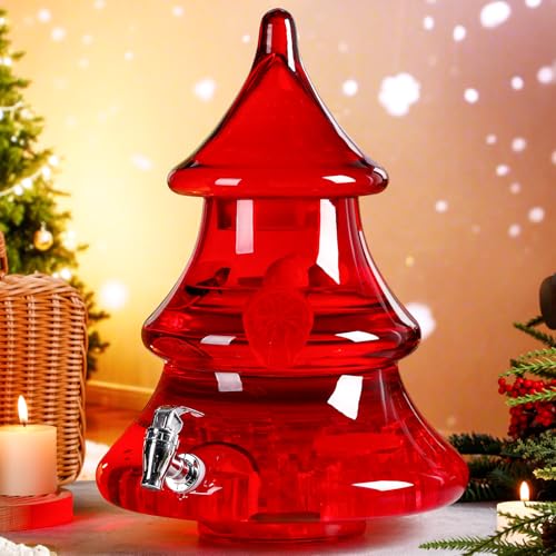 2.1 Gallons Glass Christmas Drink Dispenser Extra Large Christmas Tree Beverage Dispenser with Spigot for Summer Xmas Party, Home Bars, Water, Lemonade, Juice