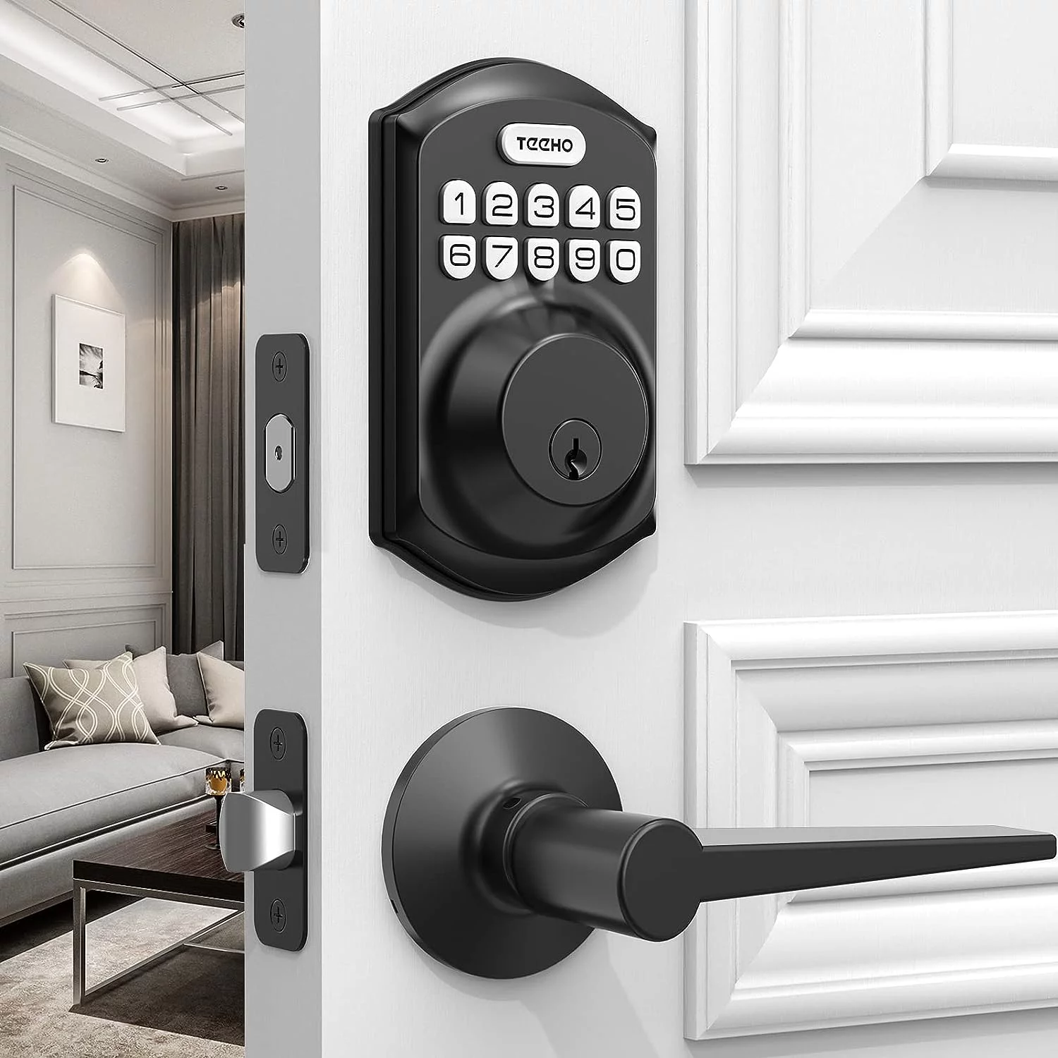 TEEHO Keypad Keyless Entry Smart Electronic Deadbolt Door Lock Set with 2 Knobs Handles for Front Door 3.65pounds - Matte Black