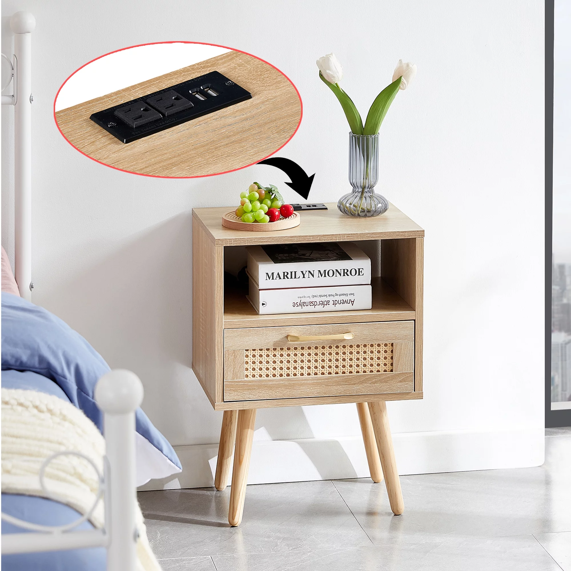 Algherohein Rattan Wood Nightstands 1 Drawer with Socket USB for Bedroom in  Natural Finish,Adult