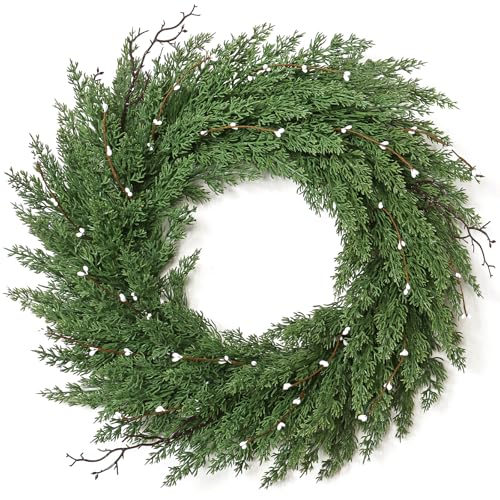 Christmas Wreath for Front Door 22 Inch Real Touch Norfolk Pine Christmas Wreaths Artificial Door Wreaths Green Cypress Wreath for Home Fireplace Wall Window Holiday Xmas Decor