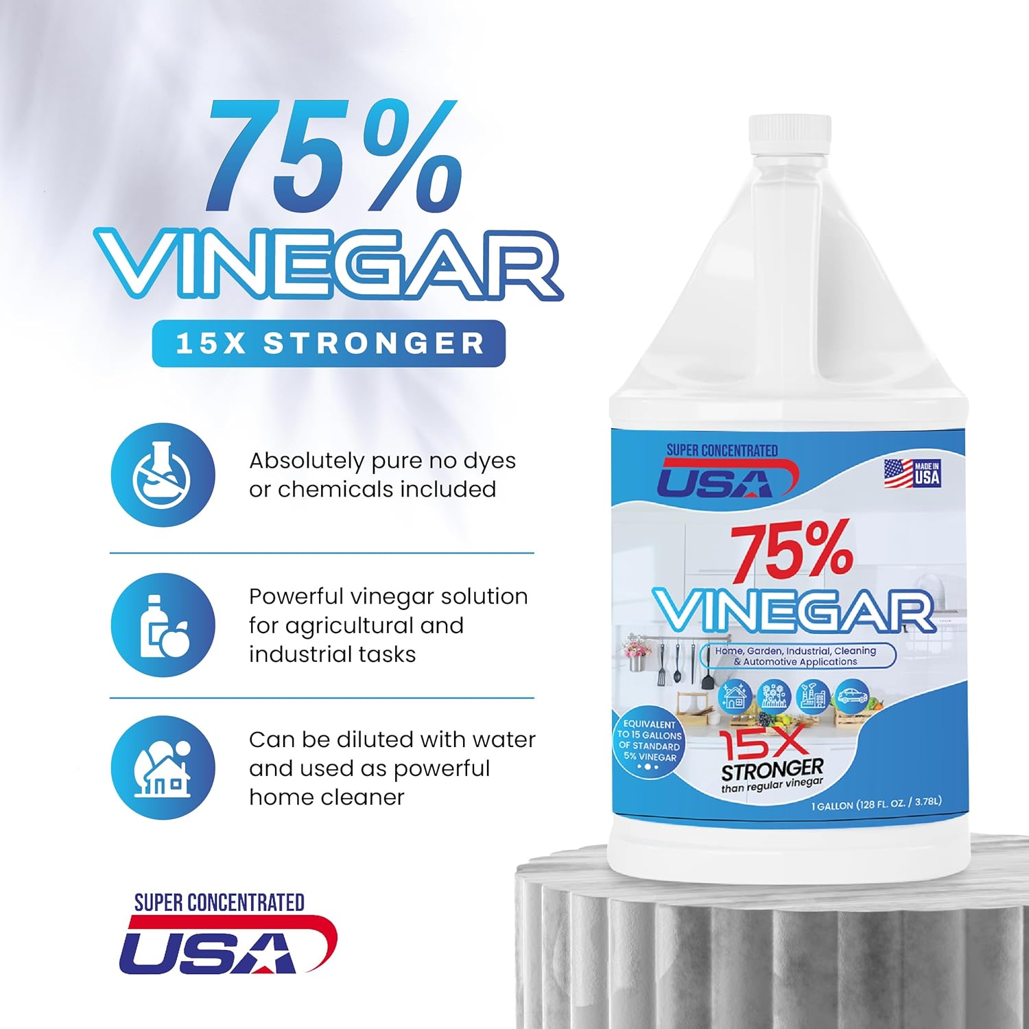 75% Pure Vinegar - Dilutes to 15 Gallons - 15x Power Industrial Cleaning Vinegar - 1 Gallon Concentrated Cleaner