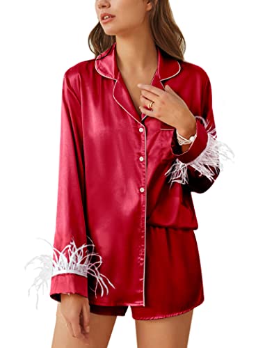 Ekouaer Women's Bridal Feather Trim Silk Satin Pajama Set Long Sleeve Lounge Sets Sleepwear (Removable Feather)
