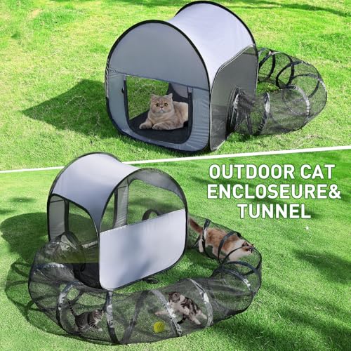 Outdoor Cat Enclosure with Tunnel - Escape-Proof, Breathable & High-Visibility Mesh, Foldable Pet Playpen for Backyard, Camping, Travel