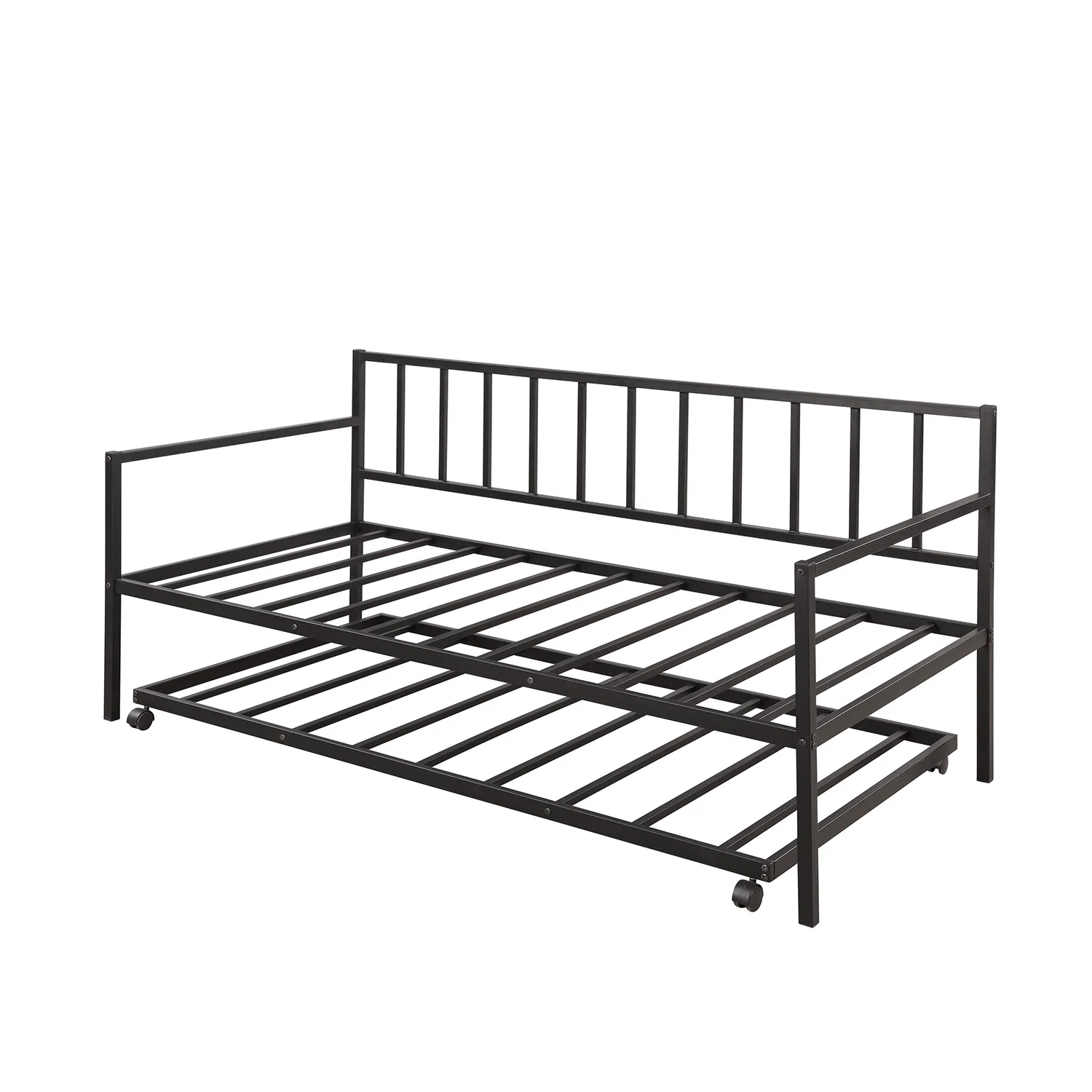 Black Simple Metal Bed Frame Living Room Double Sofa Bed with Rollers Multifunctional Metal Lounge Sofa Bed Frame for Small Spaces