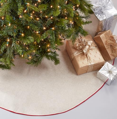 SARO LIFESTYLE Linen Christmas Tree Skirt – Toscana Collection – Natural with Red Piping – Classic Holiday Farmhouse Décor, 56