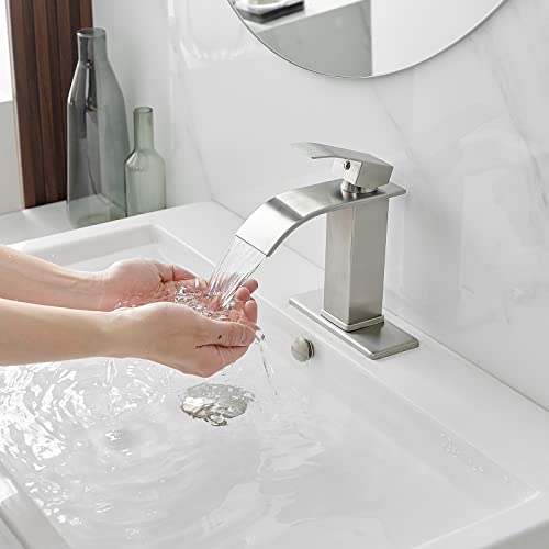 BWE Vessel Sink Faucet Modern Waterfall Chrome Single Hole Bathroom Faucet Single Handle with Pop up Drain Without Overflow Assembly Vanity Basin Bath Sink Faucets Mixer Tap